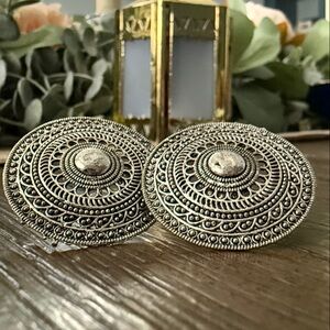 Intricate Ethnic Tribal Oxidized Silver Plated Round Stud Earrings